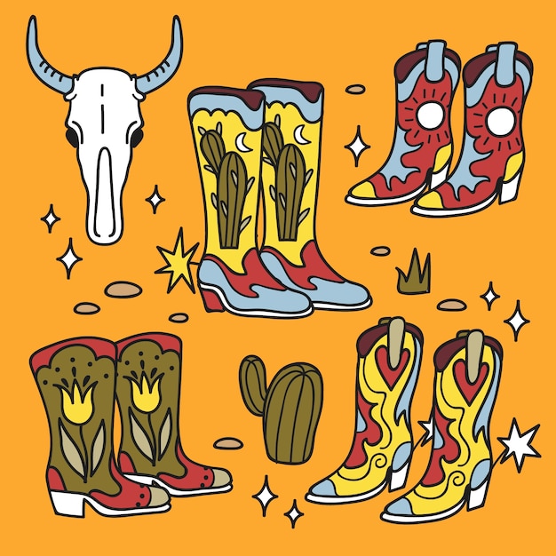 Dibujado a mano ilustración de dibujos animados de botas de vaquera