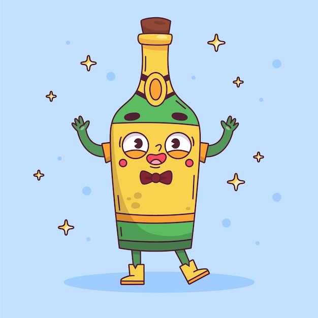 Dibujado a mano ilustración de dibujos animados de botella de champagne