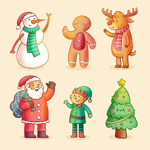 Dibujado a mano ilustración de dibujos animados navideños con santa y muñeco de nieve
