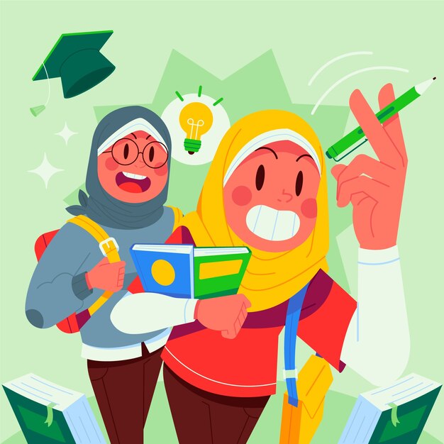 Dibujado a mano ilustración de dibujos animados de niñas musulmanas