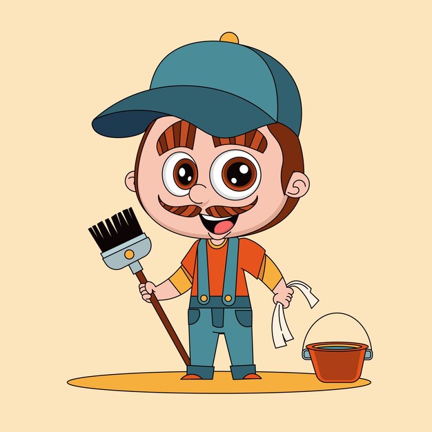 Dibujado a mano ilustración de dibujos animados de persona de limpieza