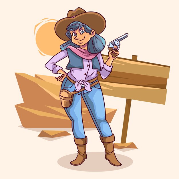 Dibujado a mano ilustración de dibujos animados de vaquera