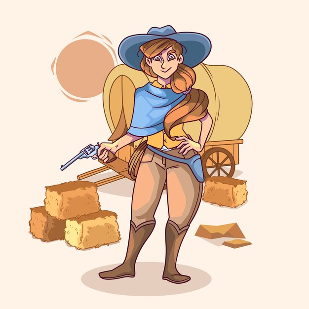 Dibujado a mano ilustración de dibujos animados de vaquera