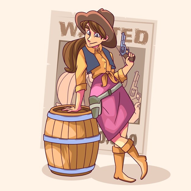 Dibujado a mano ilustración de dibujos animados de vaquera