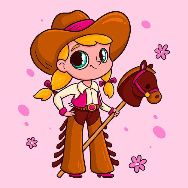 Dibujado a mano ilustración de dibujos animados de vaquera