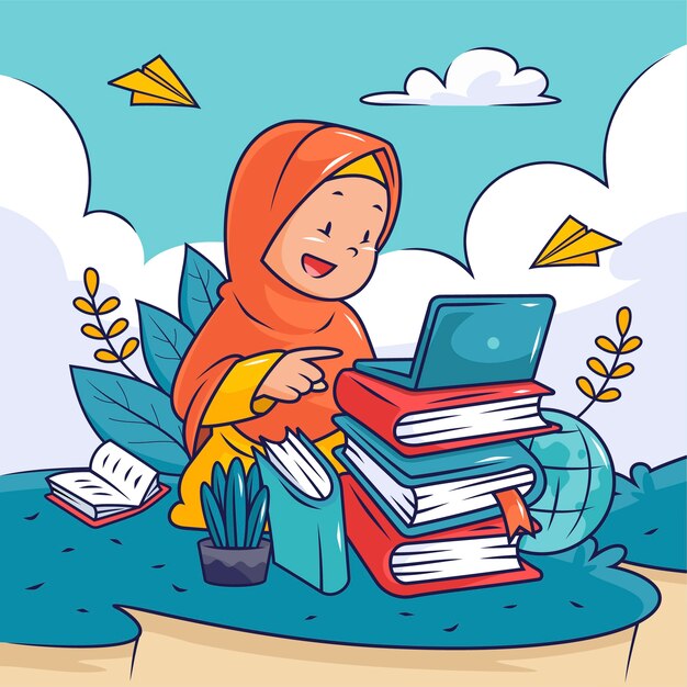 Dibujado a mano ilustración de educación de niña musulmana
