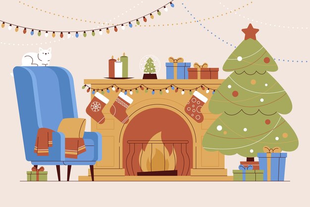 Dibujado a mano ilustración de escena de chimenea de navidad
