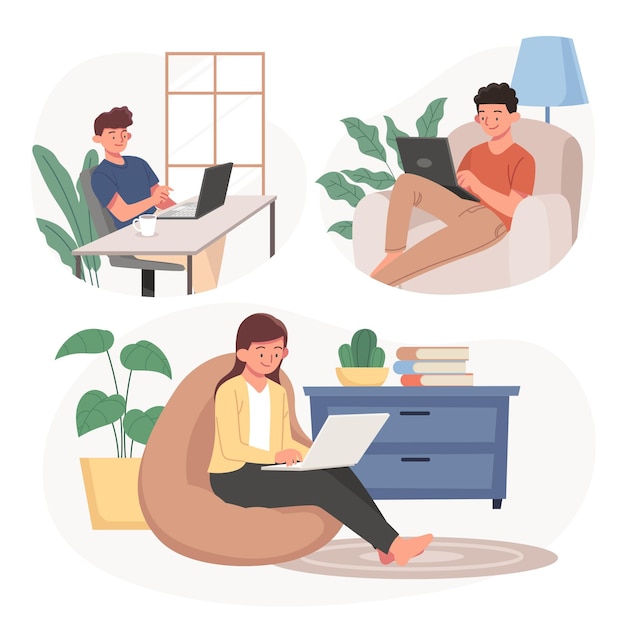 Dibujado a mano ilustración escenas de trabajo remoto