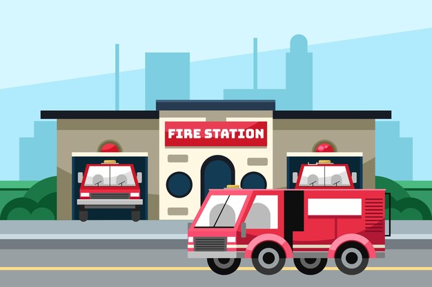 Dibujado a mano ilustración de estación de bomberos
