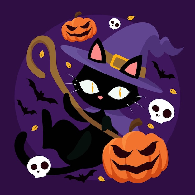Vector gratuito dibujado a mano ilustración de gato de halloween plano