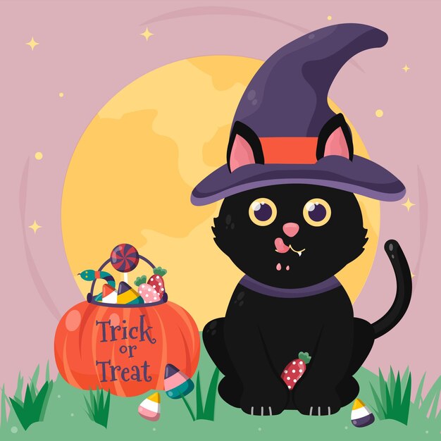 Dibujado a mano ilustración de gato de halloween plano