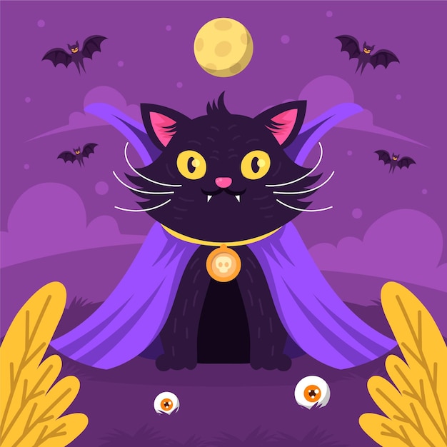 Vector gratuito dibujado a mano ilustración de gato de halloween plano