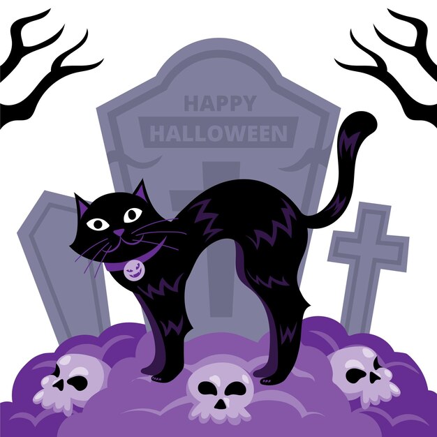 Dibujado a mano ilustración de gato de halloween plano