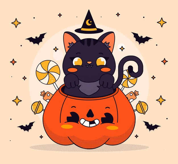 Dibujado a mano ilustración de gato de halloween plano