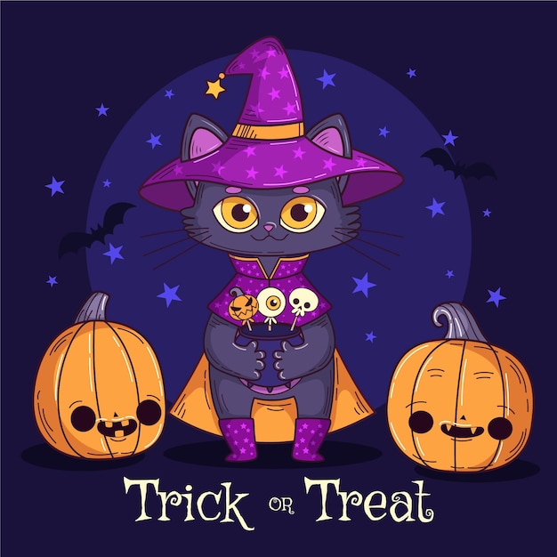 Vector gratuito dibujado a mano ilustración de gato de halloween