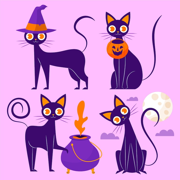 Vector gratuito dibujado a mano ilustración de gatos de halloween plana
