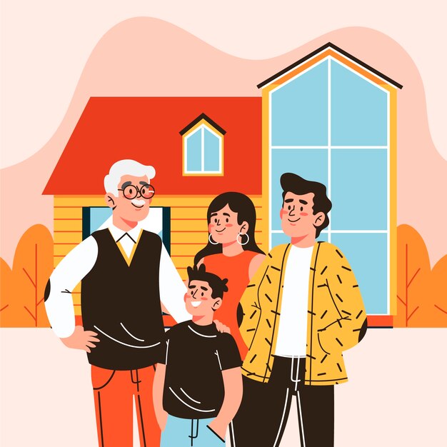 Vector gratuito dibujado a mano ilustración de hogar multigeneracional