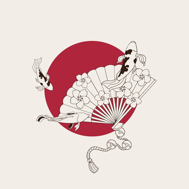 Dibujado a mano ilustración japonesa de abanico japonés con flores y peces koi