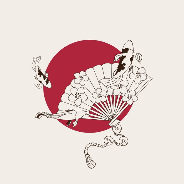Dibujado a mano ilustración japonesa de abanico japonés con flores y peces koi