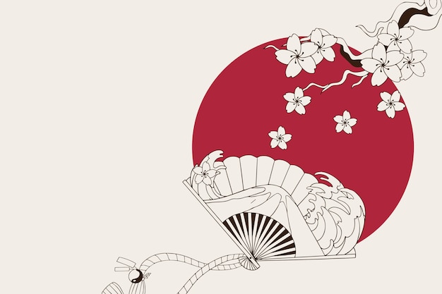 Dibujado a mano ilustración japonesa de flores de cerezo y abanico japonés