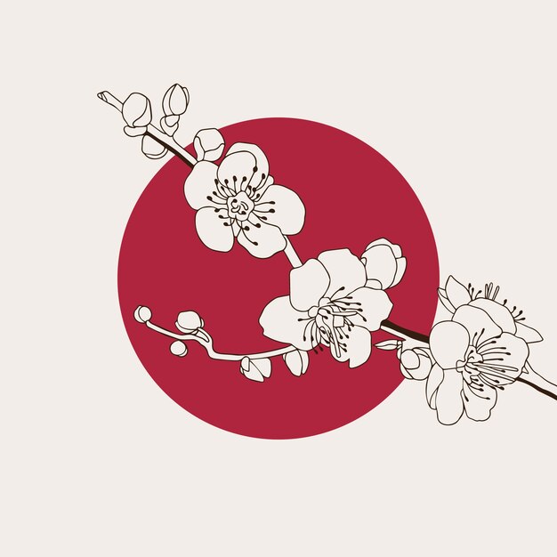Dibujado a mano ilustración japonesa de flores de cerezo