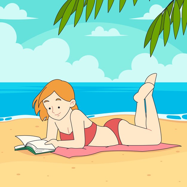 Dibujado a mano ilustración de libros de lectura de verano con mujer en la playa