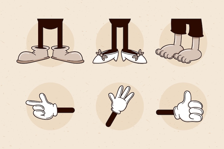 Vector gratuito dibujado a mano ilustración de manos y pies de dibujos animados retro
