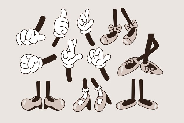 Dibujado a mano ilustración de manos y pies de dibujos animados retro