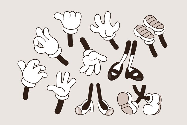 Dibujado a mano ilustración de manos y pies de dibujos animados retro