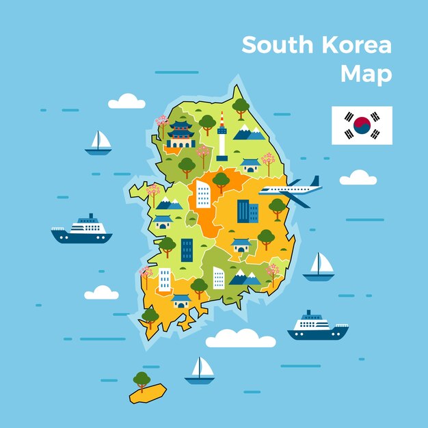 Dibujado a mano ilustración de mapa de corea del sur