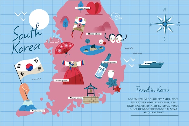 Dibujado a mano ilustración de mapa de corea del sur