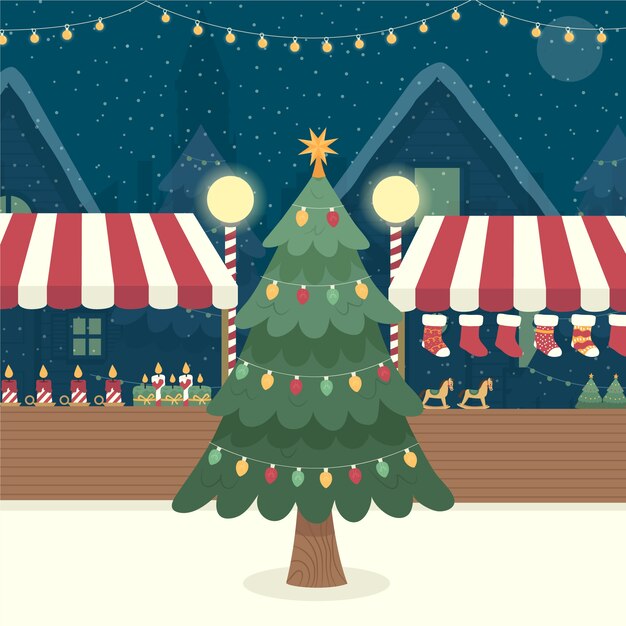 Dibujado a mano ilustración de mercado de navidad plano