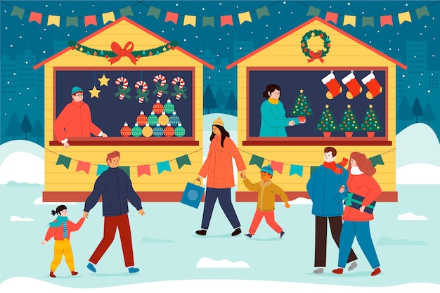 Dibujado a mano ilustración de mercado de navidad plano