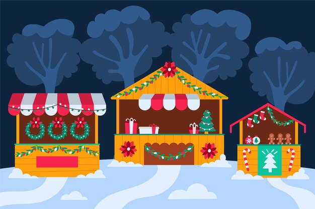 Dibujado a mano ilustración de mercado de navidad plano