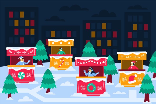 Dibujado a mano ilustración de mercado de navidad plano