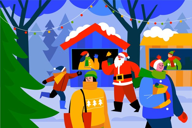 Dibujado a mano ilustración de mercado de navidad plano