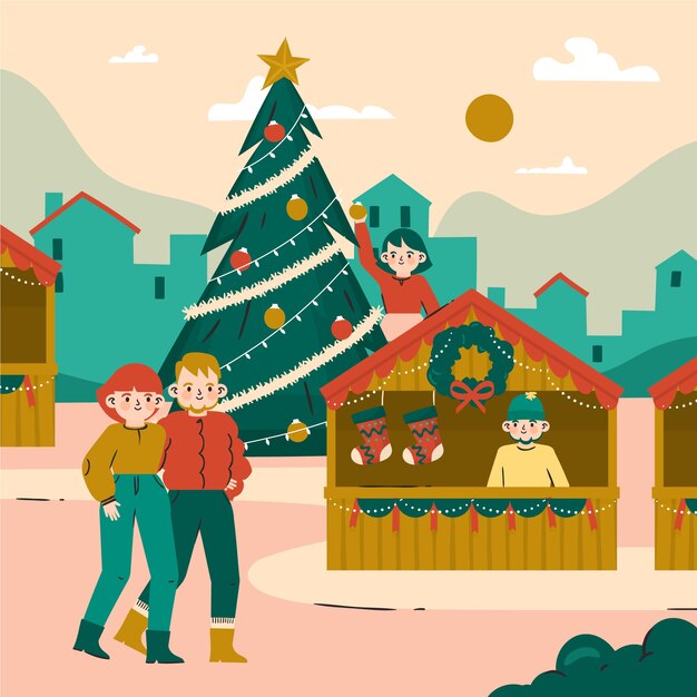 Dibujado a mano ilustración de mercado de navidad plano