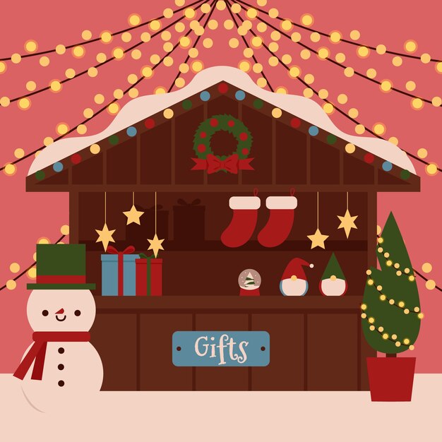 Dibujado a mano ilustración de mercado de navidad plano