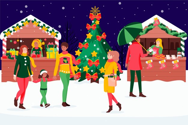 Dibujado a mano ilustración de mercado de navidad plano