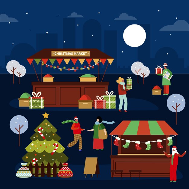Dibujado a mano ilustración de mercado de navidad plano