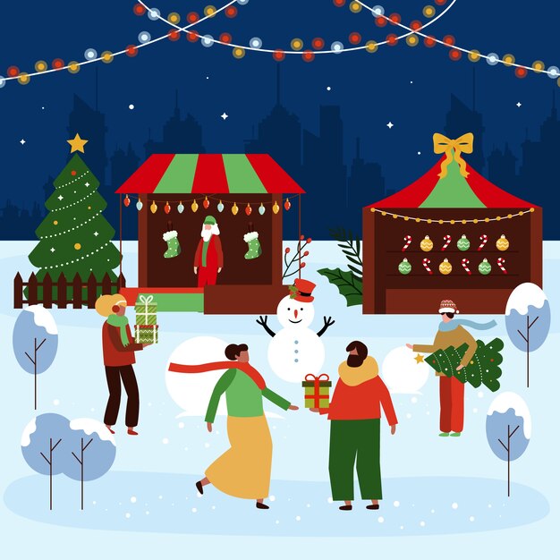 Dibujado a mano ilustración de mercado de navidad plano