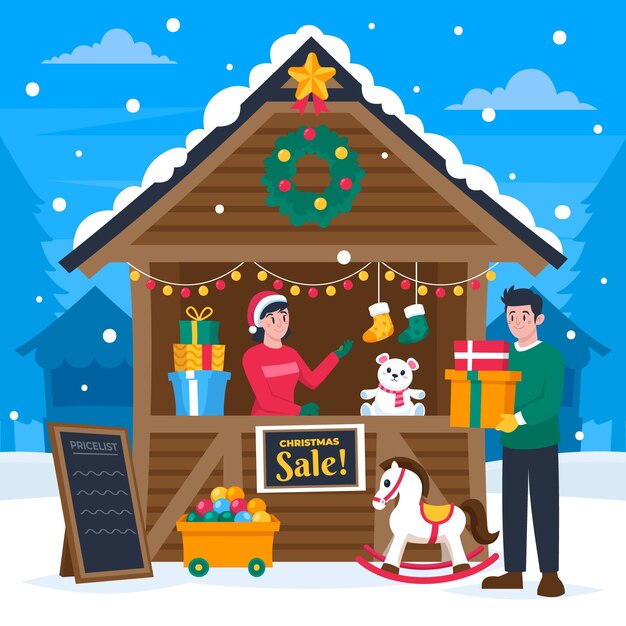 Dibujado a mano ilustración de mercado de navidad plano