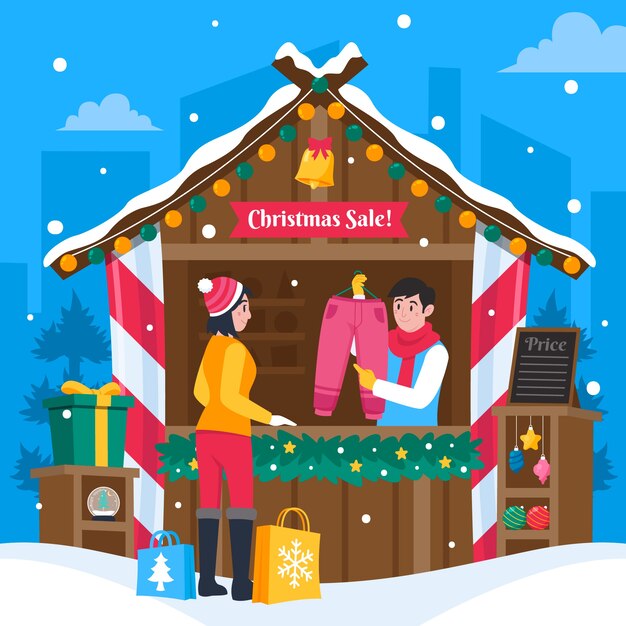 Dibujado a mano ilustración de mercado de navidad plano