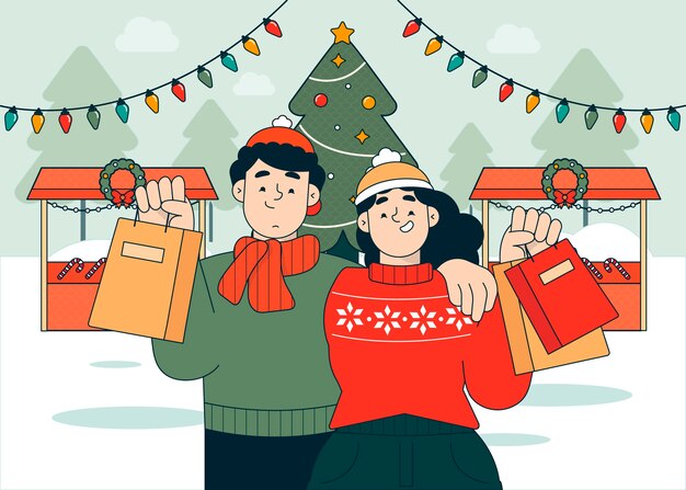 Dibujado a mano ilustración de mercado de navidad plano