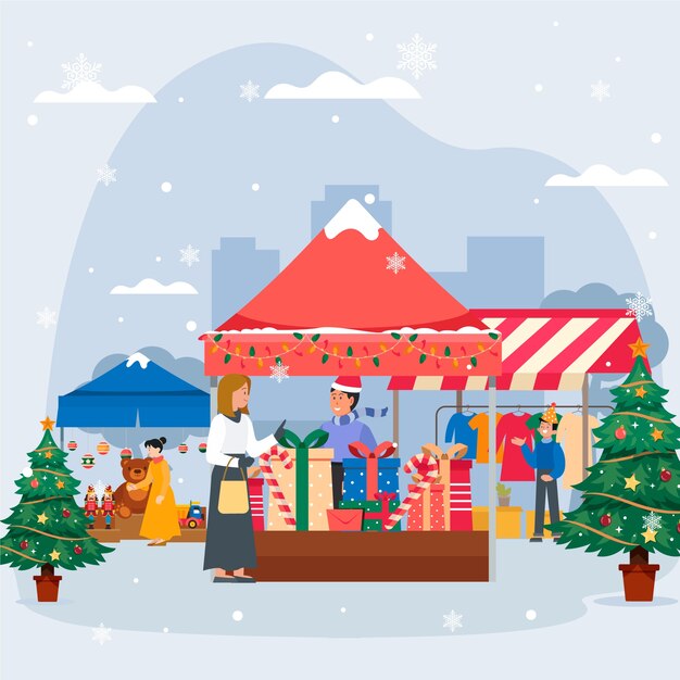 Dibujado a mano ilustración de mercado de navidad plano