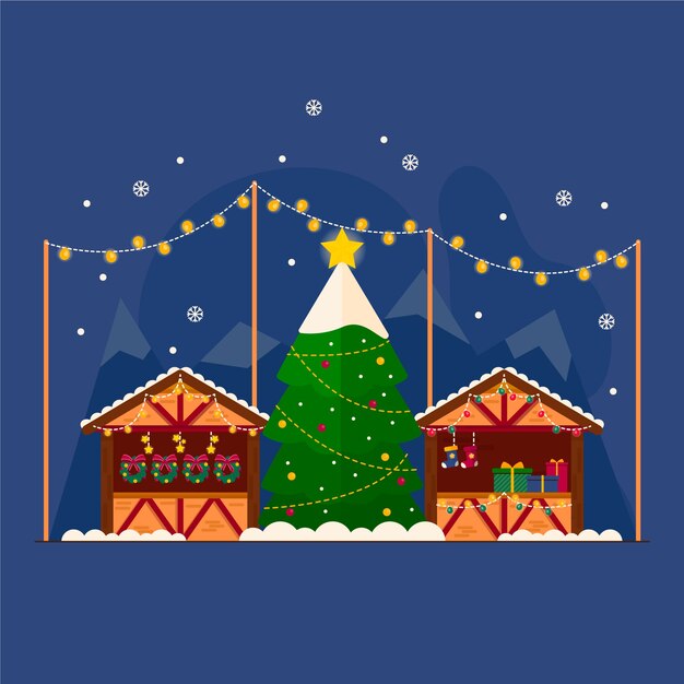 Dibujado a mano ilustración de mercado de navidad plano