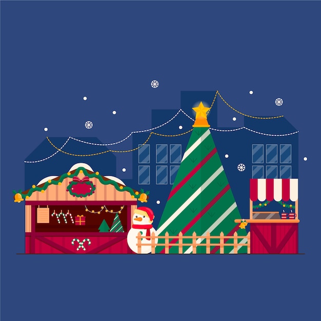 Dibujado a mano ilustración de mercado de navidad plano