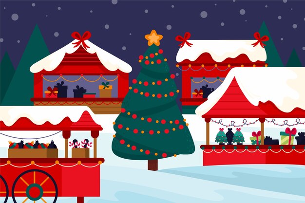 Dibujado a mano ilustración de mercado de navidad plano