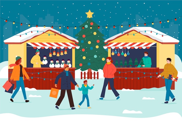 Dibujado a mano ilustración de mercado de navidad plano