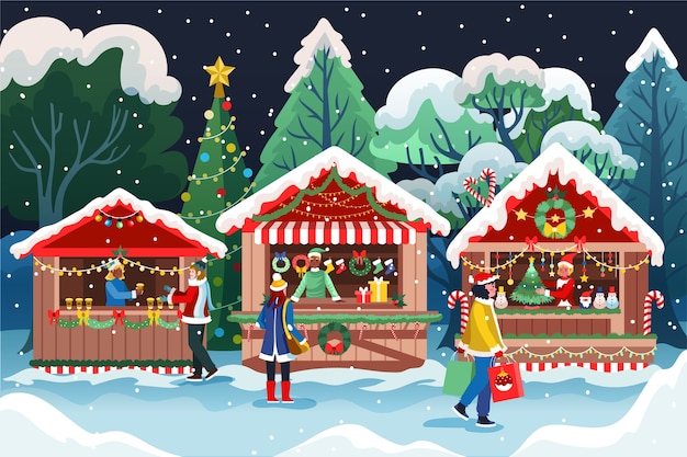 Dibujado a mano ilustración de mercado de navidad plano